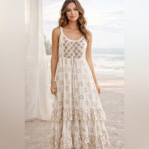 Elegant Cream & Gold  boho Maxi Dress. SM/MD & LG/XL